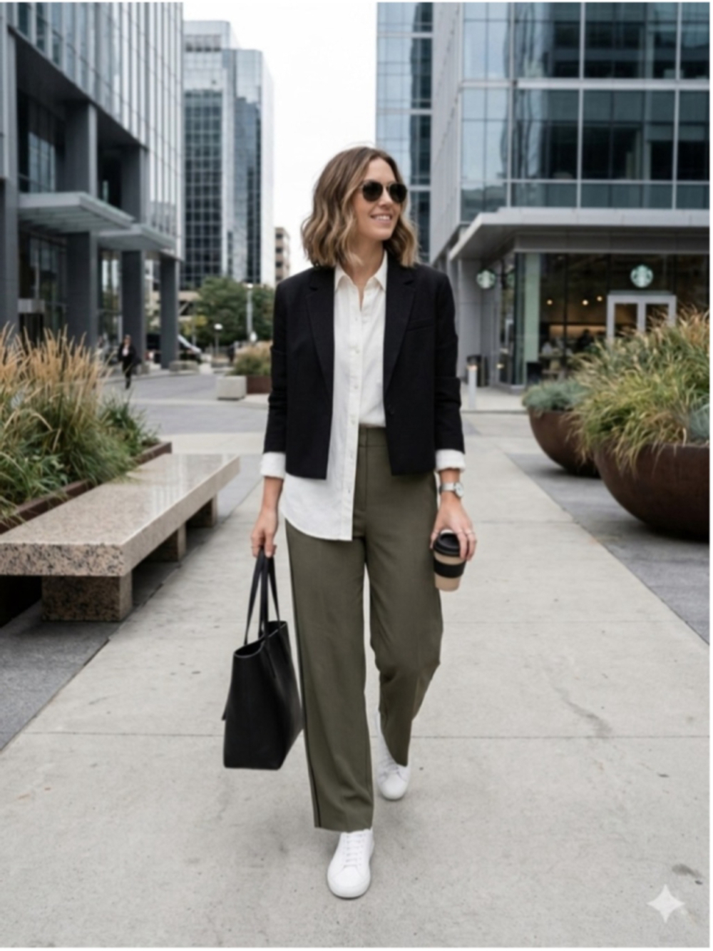 Oak + Fort olive green straight-leg trousers distinctive black side stripe sz 8
